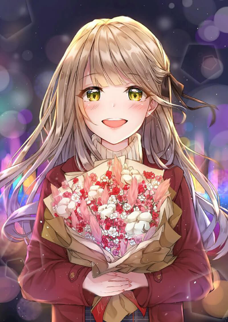 anime girl cầm hoa xinh